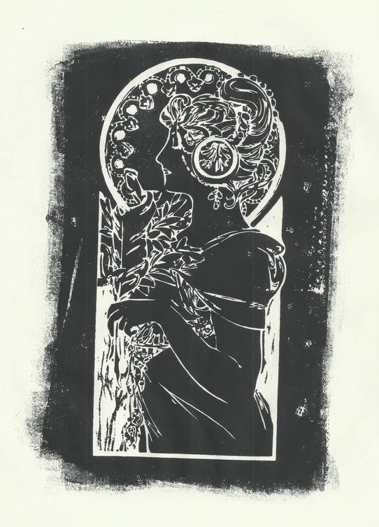 Black and white art nouveau illustration of woman.