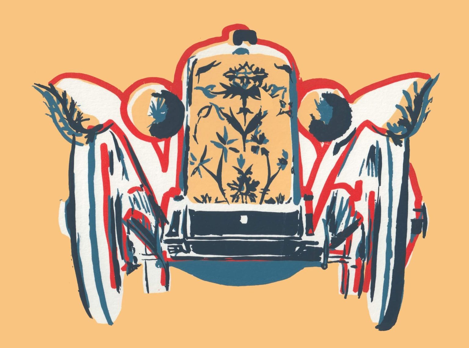 Abstract vintage car illustration with floral elements