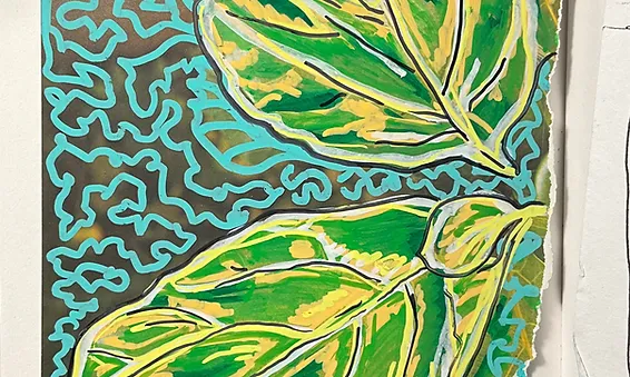 Colorful abstract painting of green leaves.