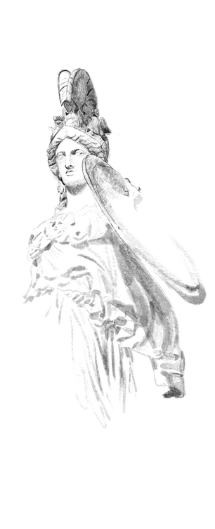 Sketch of Athena with shield and helmet