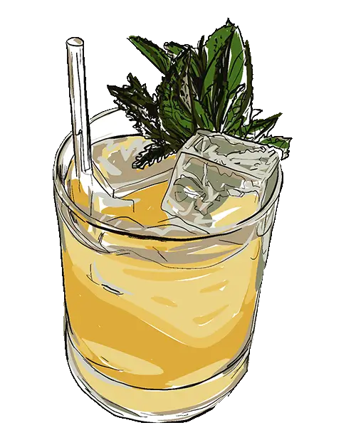 Cocktail with herbs and ice in glass