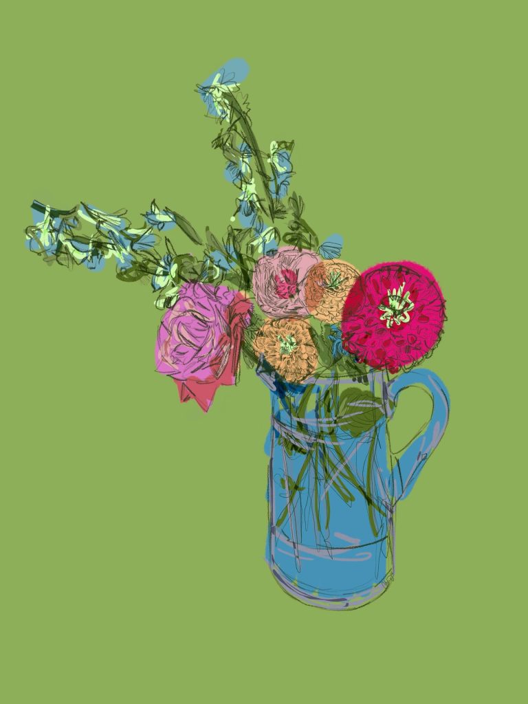 Floral digital drawing in blue jug