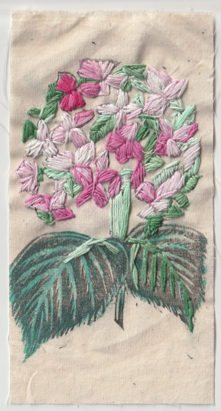 Floral embroidery on beige fabric