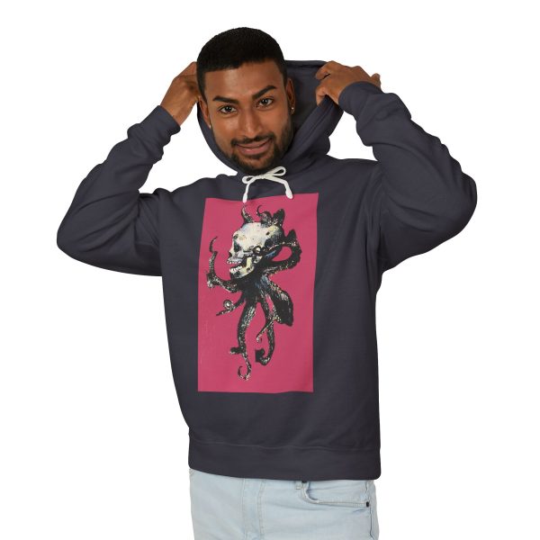 Man wearing black hoodie with skull octopus design