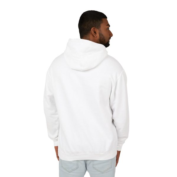 Man wearing white hoodie, back view