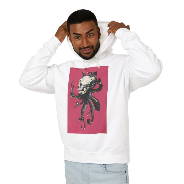 Man wearing white hoodie with skull design.