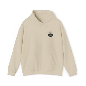 Beige hoodie with circle tree design.