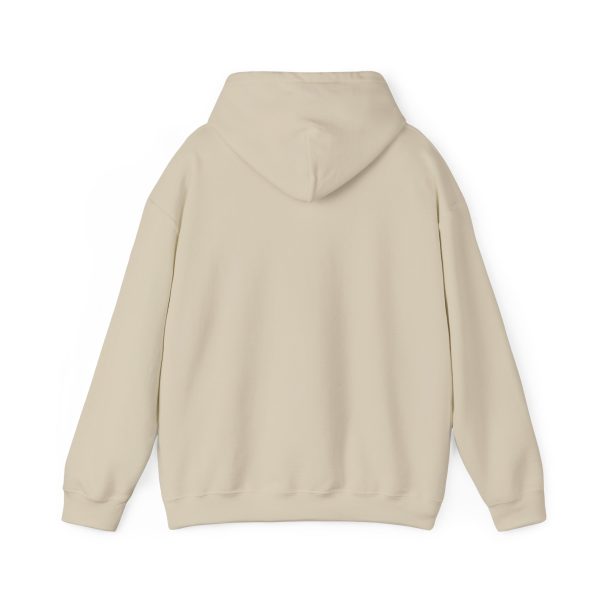 Back view of beige hoodie with hood.