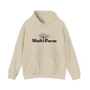 Beige hoodie with Walt's Farm logo print.