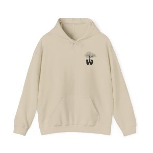 Beige hoodie with embroidered tree logo.